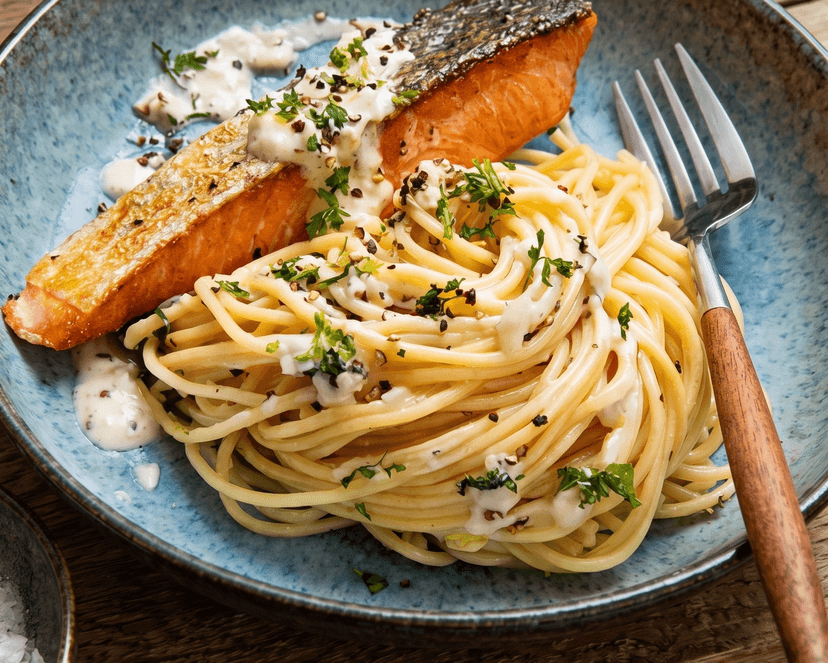Pavé de truite , sauce crémeuse à l'oseille et spaghettis